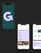 The good drop app in three perspectives with the green background and purple G logo and the navigation of the app in the brand typography